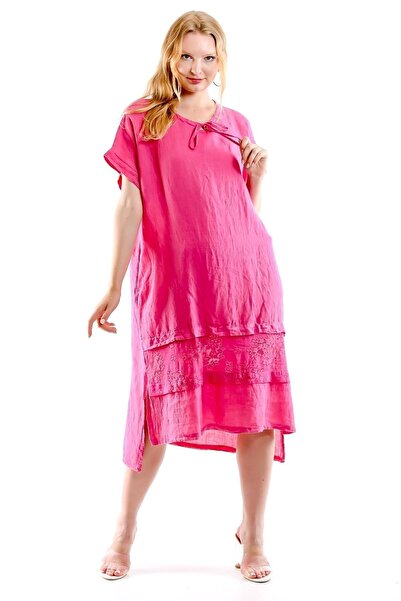 della moor Fuchsia Italian Lace Detailed Oversize Linen Dress