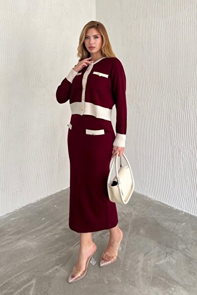 Noi Belis Crew Neck Cardigan Midi Skirt Knitwear Bottom-Top Set Aw25Au0039