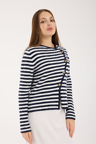 İLKCET MODA Asymmetrical Cut Navy Blue Striped Women's Cardigan