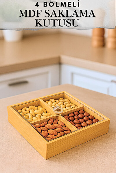 Penthouse 4 Bölmeli Mutfak Organizer Bambu Çerezlik Şeffaf Akrilik Kapaklı Ka...