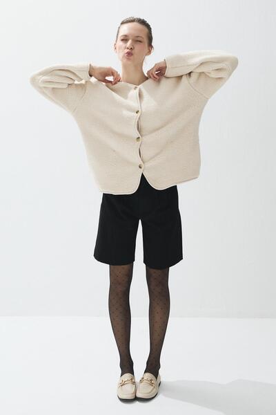 TUBİA Jachetă de pluș pentru femei, de culoare piatră, cu buzunare pliabile