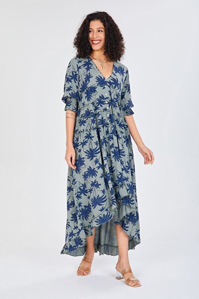 della moor Khaki Italian V-Neck Leaf Pattern Ruffled Loose Dress