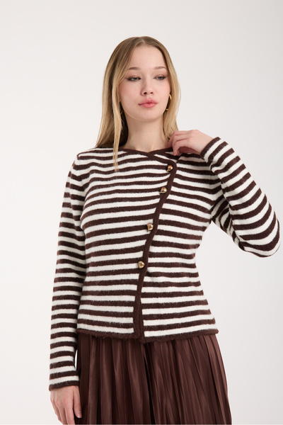 İLKCET MODA Asymmetrical Cut Brown Striped Women's Cardigan
