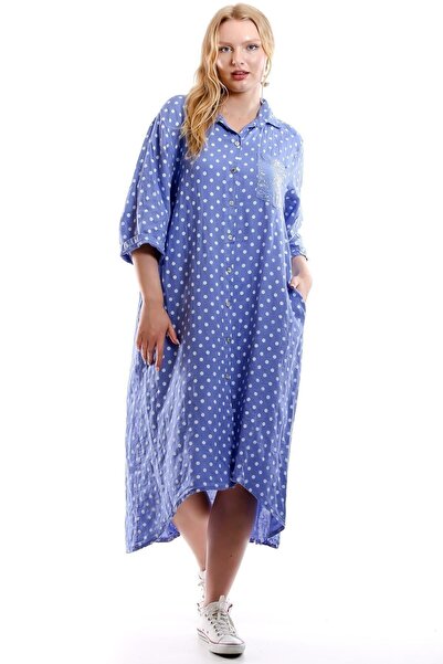 della moor Blue Italian Polka Dot Patterned Linen Shirt Dress