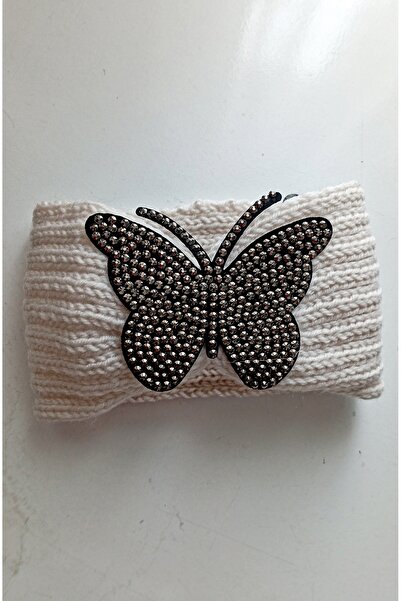 Mufincollection Bandă de păr tricotată pentru femei – Accesoriu cu fluture cu pietre, care ține căldura, bandană de protecție pentru urechi de iarnă