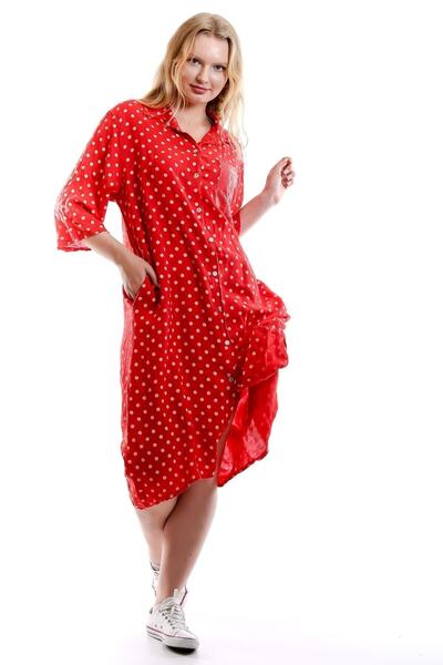 della moor Red Italian Polka Dot Patterned Linen Shirt Dress