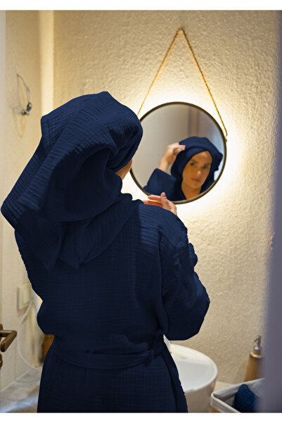 Monolisse روب حمام بغطاء للرأس للجنسين مصنوع من القطن 100% بـ4 طبقات من الموسلين باللون الأزرق الداكن مقاس S/M