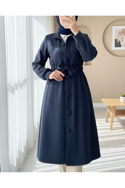 Modamorfo Waist-tied top buttoned stamp coat - navy