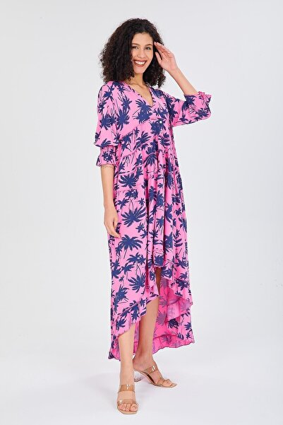 della moor Pink Italian V-Neck Leaf Pattern Ruffled Loose Dress