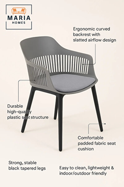 MARIA HOMES Grey Plastic Armchair with Black Legs Modern Ventilated Backrest Chair for Indoor & Outdoor Seating