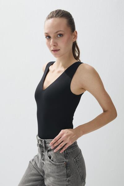 TUBİA Women's Black Color V-Neck Snap Fastener Bodysuit
