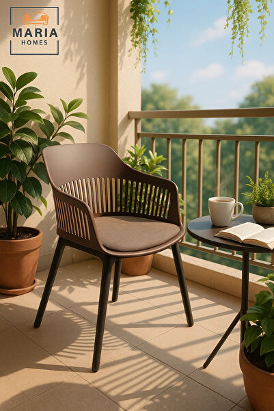 MARIA HOMES Coffee Plastic Armchair with Black Legs Modern Ventilated Backrest Chair Indoor & Outdoor Seating