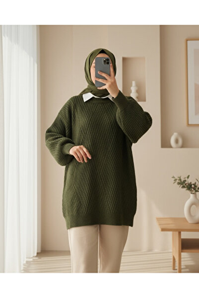 Modamorfo Crew Neck Diamond Pattern Knitwear Sweater - Khaki