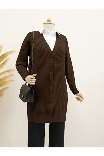 Modamorfo Corded Fabric Button Long Knit Cardigan - Brown