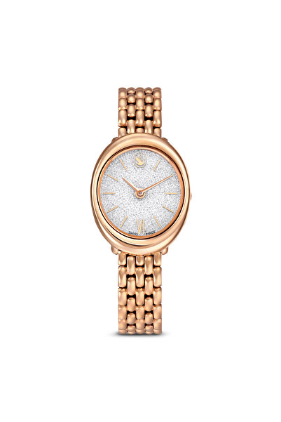 Swarovski ساعة إمبر بيضاوية الشكل، صناعة سويسرية، سوار معدني، لون ذهبي، سطح ب...