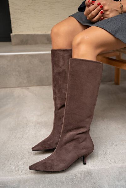 LAMİNTA Polka Bitter Brown Suede Women's Pointed Toe Flat Boots