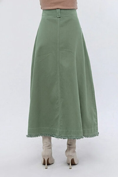 Atölye Güven Green Tasseled 100% Cotton Special Design Long Bell Skirt
