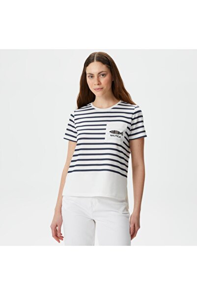 Nautica Women's White Regular Fit Striped T-Shirt