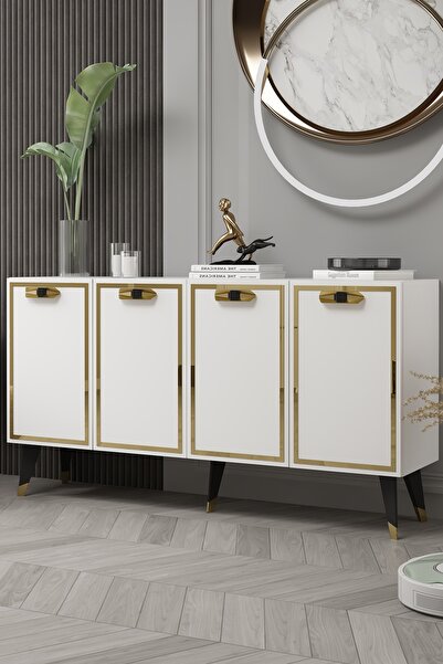 cantek dizayn 8221-32CT KB150 KONSOL,TV ÜNİTESİ BEYAZ-ALTIN-SİYAH