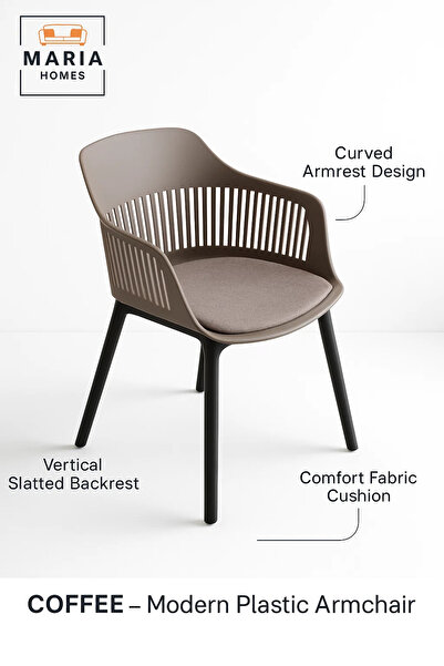 MARIA HOMES Coffee Plastic Armchair with Black Legs Modern Ventilated Backrest Chair Indoor & Outdoor Seating