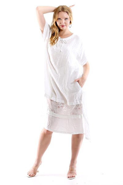 della moor White Italian Lace Detailed Oversize Linen Dress