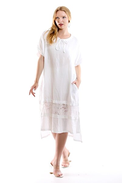 della moor White Italian Lace Detailed Oversize Linen Dress