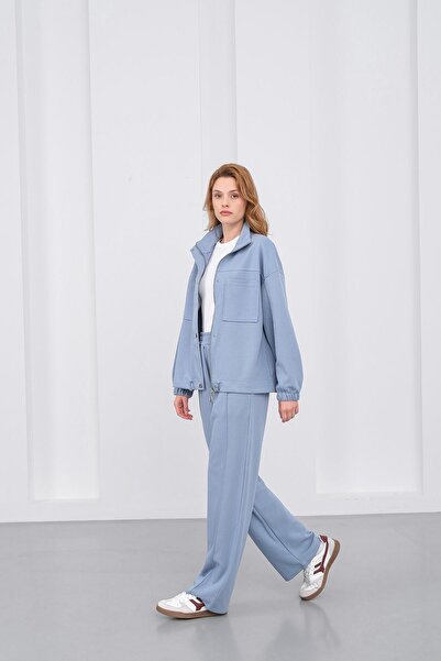 Basicpark Blue Women's Pique Textured Waist Adjustable Oversized Jacket Trousers Set