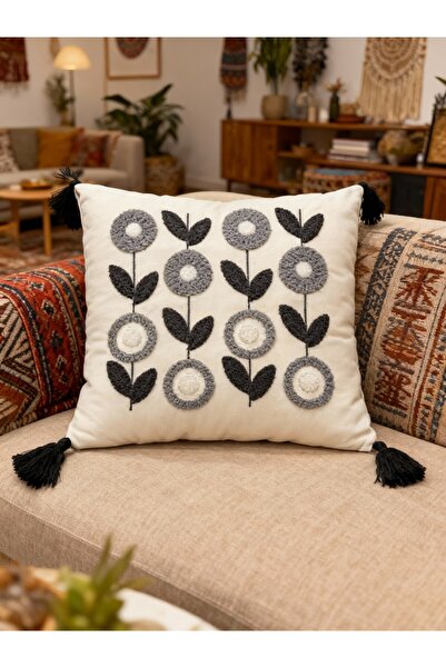 MACASA Single Punch Embroidered 100% Cotton White Fabric Throw Pillow Cover