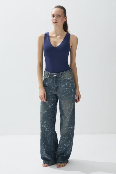 TUBİA Women's Navy Blue Color V-Neck Snap-On Bodysuit