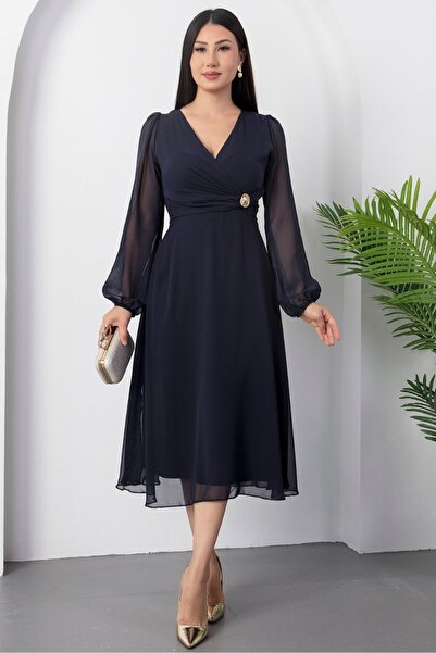 Afiş Butik Γυναικείο φόρεμα σιφόν με μακρύ μανίκι με πόρπη στη μέση διπλό πέτ...