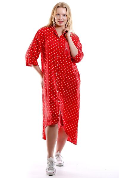 della moor Red Italian Polka Dot Patterned Linen Shirt Dress