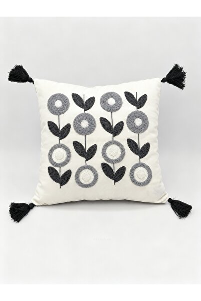 MACASA Single Punch Embroidered 100% Cotton White Fabric Throw Pillow Cover