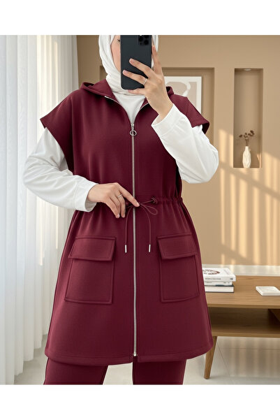 Modamorfo Double Pocket Zippered Rubber Detailed Short Sleeve Scuba Suit - Burgundy