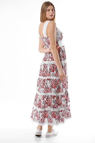 della moor Burgundy Italian Branch Pattern Lace Strap Long Dress