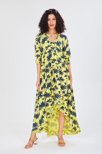 della moor Κίτρινο ιταλικό φόρεμα με βολάν με σχέδιο φύλλων με λαιμόκοψη σε σχήμα V