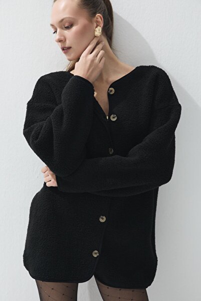 TUBİA Jachetă lungă de pluș pentru femei, de culoare neagră, care poate fi în...