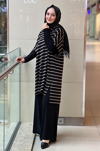 Nurcan Çetin Horizontal Striped Turtleneck Tunic Underwear Pants 3-Piece Set