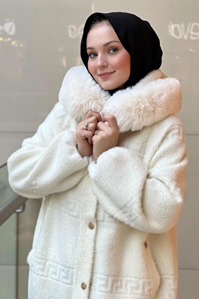 Ghisa Hooded Front Snap Fastener Grek Patterned Coat