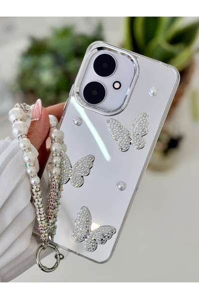 Go Aksesuar Xiaomi Redmi 13C Uyumlu Aynalı Charm Kelebek Tasarımlı Silikon Kılıf