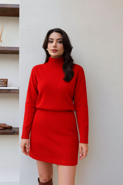 Ramior Women's Knitwear Two-Piece Set – Half Turtleneck Sweater & Mini Skirt Combination – Red