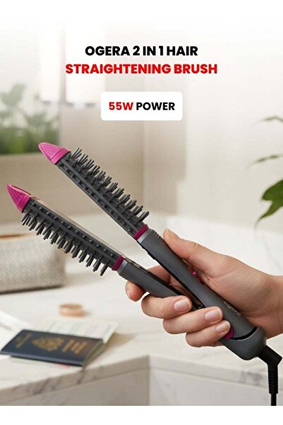 Ogera 2-in-1 Hair Straightening Brush, 55W, PTC Fast Heating, Ceramic-Coated, OG2303HST (Black & Pin