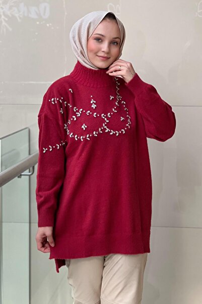 Nuss O-Neck Crystal Stone Embroidered Angora Tunic