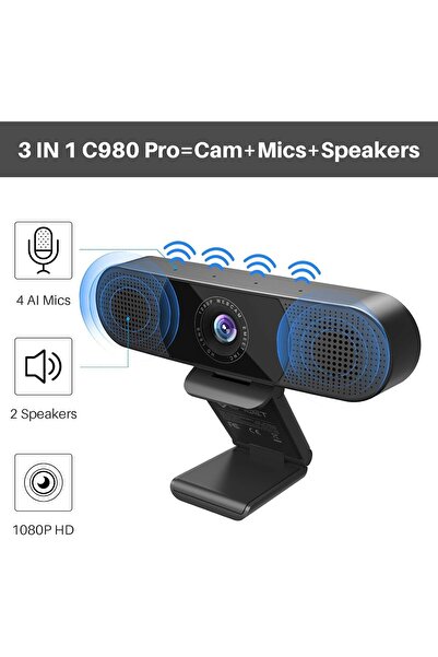 eMeet كاميرا ويب C980 Pro 3 في 1 - 1080 بكسل مع ميكروفون ومكبرات صوت