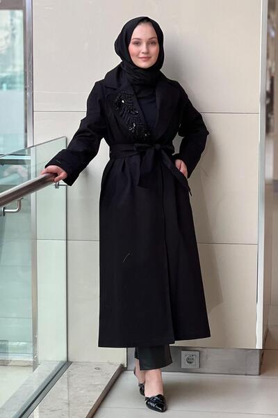 Nuss Double-Breasted Trench Coat with Beaded Collar