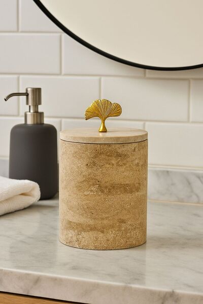 Modestmar Natural Travertine Trash Can - Gold Ginko