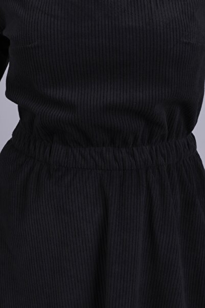 armonika Women's Anthracite Velvet V-Neck Elastic Waist Slim F Corded Fabric Flared Dress Arm-25K001049