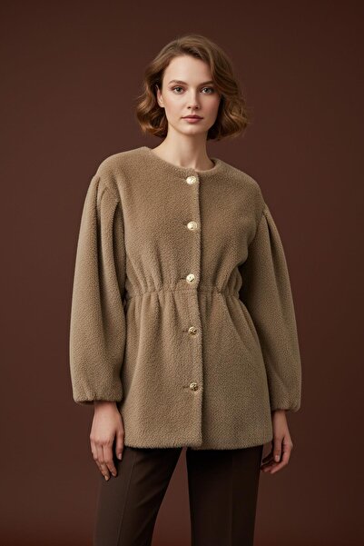 Loreen Women's Front Buttoned Waist Detailed Plush Coat -20723Kbn - Mink