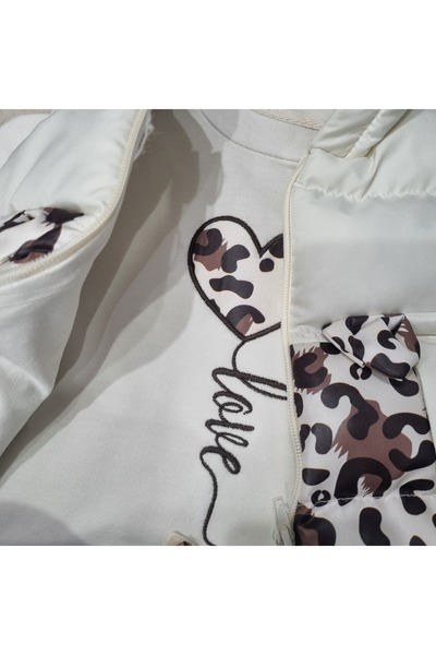 Uğur bebe Ecru Inflatable Vest Set , Leopard Detailed, 100% Cotton 3-Piece Transitional Stylish Set