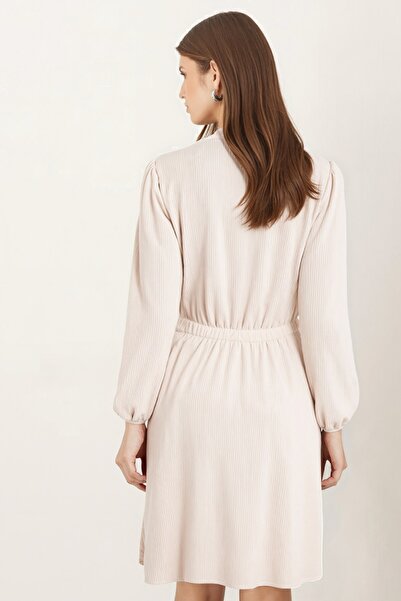 armonika Women's Cream Velvet V-Neck Elastic Waist Slim F Corded Fabric Flared Dress Arm-25K001049