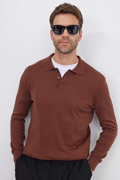 Tudors Men's standard fit regular cut cotton polo collar brown sweater